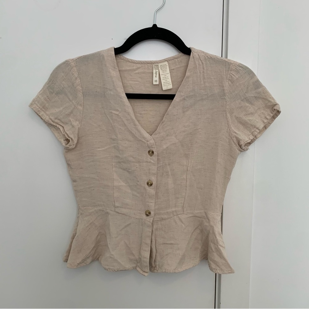 Linen Blend Peplum Button-Front Top - Picture 2 of 6
